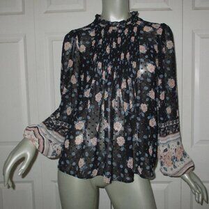 MAISON D'AMELIE Navy Blue Floral Long Balloon Sleeve Pintuck Blouse